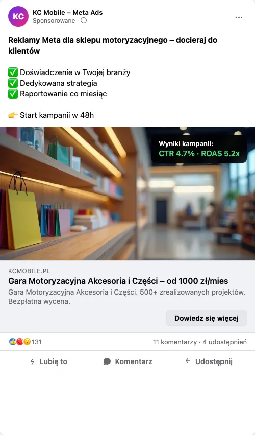 Przykładowa kreacja reklamowa – Reklama Facebook i Instagram dla sklepu motoryzacyjnego
