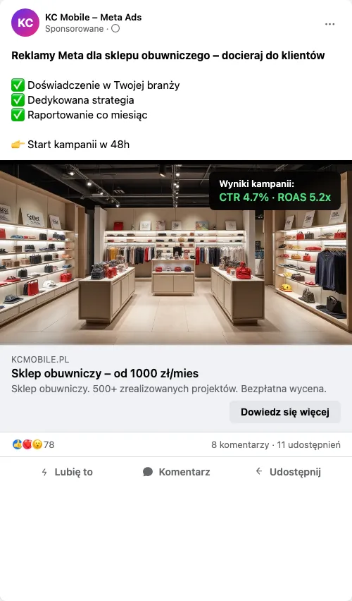 Przykładowa kreacja reklamowa – Reklama Facebook i Instagram dla sklepu obuwniczego