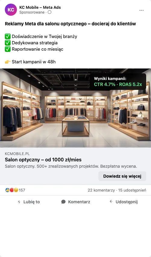 Przykładowa kreacja reklamowa - Reklama Facebook i Instagram dla salonu optycznego