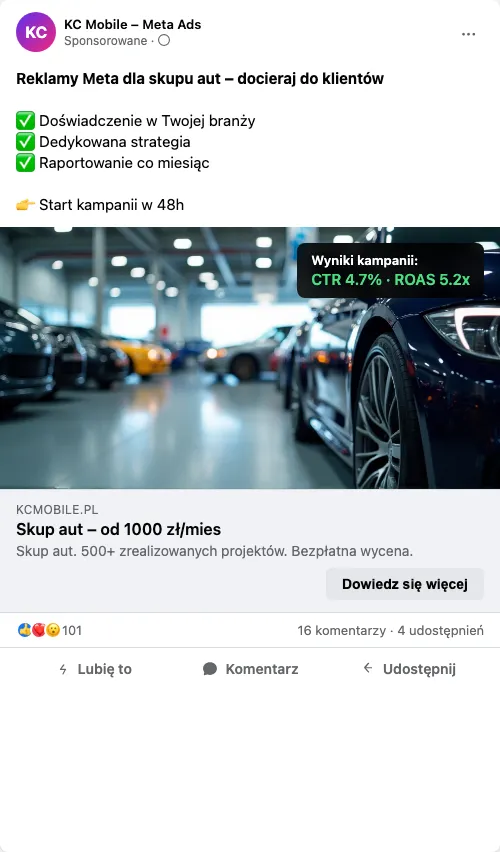 Przykładowa kreacja reklamowa – Reklama Facebook i Instagram dla skupu aut