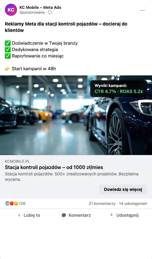 Przykładowa kreacja reklamowa - Reklama Facebook i Instagram dla stacji kontroli pojazdów