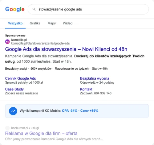 Przykładowa kreacja reklamowa – Google Ads dla stowarzyszenia