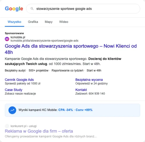 Przykładowa kreacja reklamowa – Google Ads dla stowarzyszenia sportowego