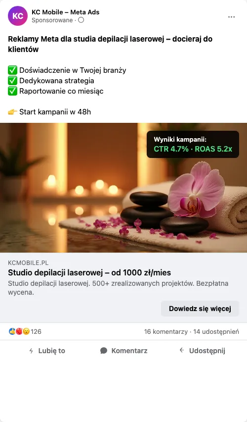 Przykładowa kreacja reklamowa – Reklama Facebook i Instagram dla studia depilacji laserowej