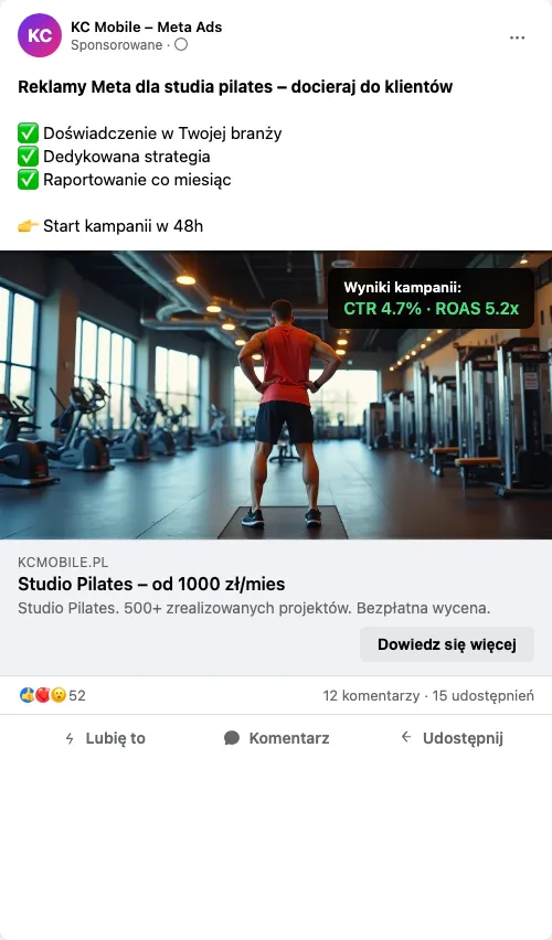Przykładowa kreacja reklamowa – Reklama Facebook i Instagram dla studia pilates