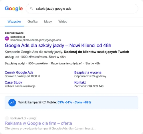 Przykładowa kreacja reklamowa – Google Ads dla szkoły jazdy