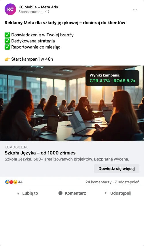 Przykładowa kreacja reklamowa – Reklama Facebook i Instagram dla szkoły językowej