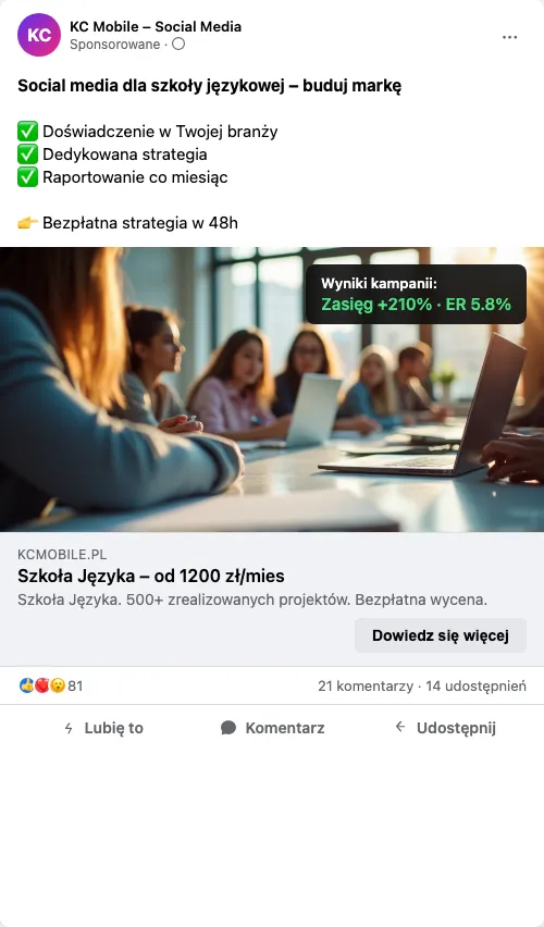 Przykładowa kreacja reklamowa – Social Media dla szkoły językowej