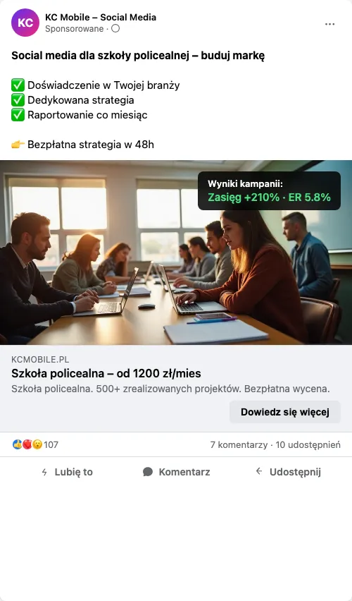 Przykładowa kreacja reklamowa – Social Media dla szkoły policealnej