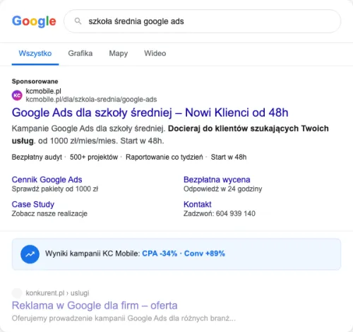Przykładowa kreacja reklamowa – Google Ads dla szkoły średniej