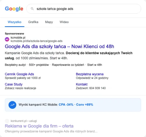 Przykładowa kreacja reklamowa - Google Ads dla szkoły tańca