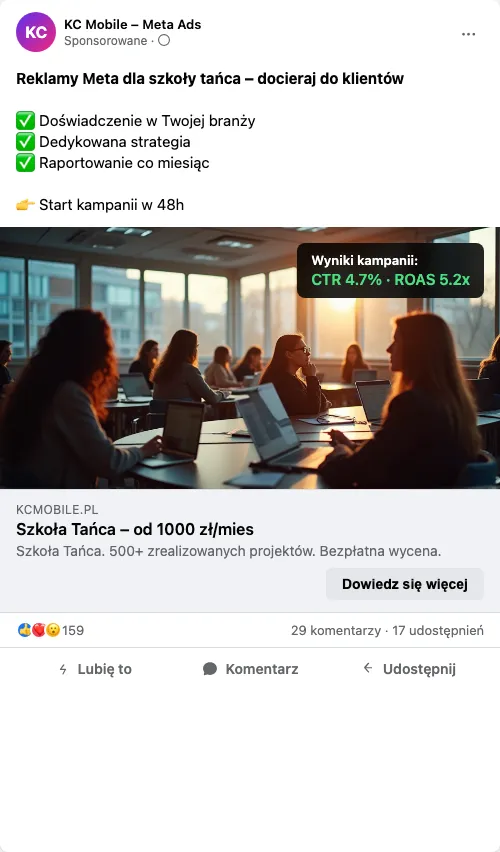Przykładowa kreacja reklamowa - Reklama Facebook i Instagram dla szkoły tańca