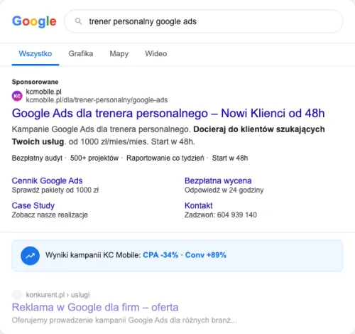 Przykładowa kreacja reklamowa – Google Ads dla trenera personalnego