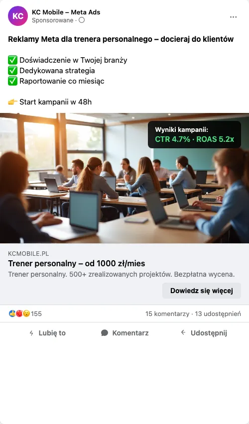 Przykładowa kreacja reklamowa – Reklama Facebook i Instagram dla trenera personalnego