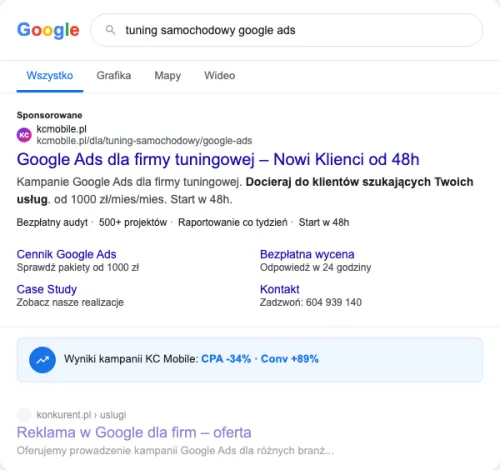 Przykładowa kreacja reklamowa – Google Ads dla firmy tuningowej