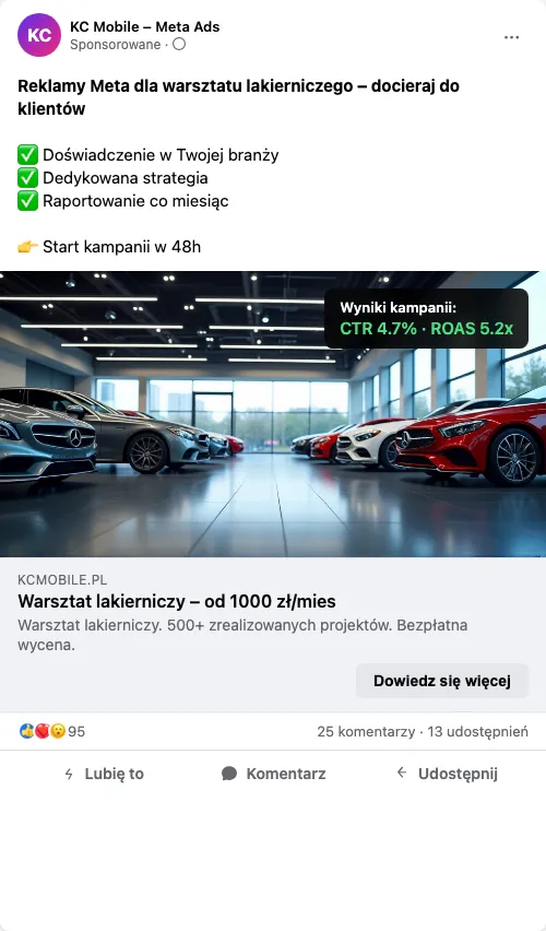 Przykładowa kreacja reklamowa – Reklama Facebook i Instagram dla warsztatu lakierniczego