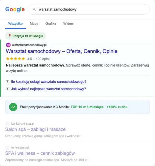 Przykładowa kreacja reklamowa – Pozycjonowanie SEO dla warsztatu samochodowego