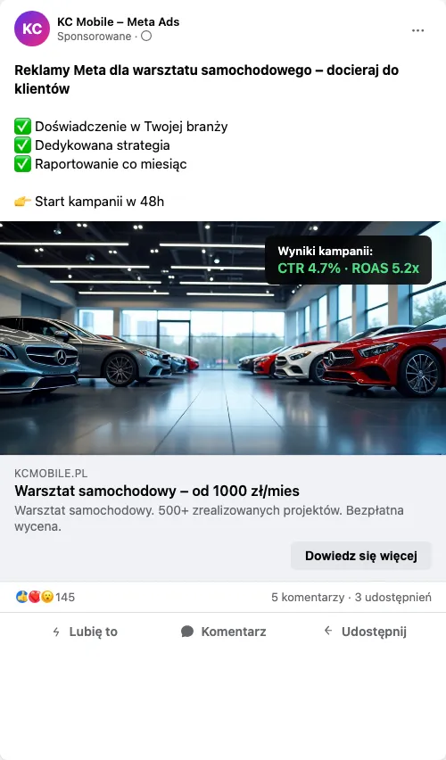 Przykładowa kreacja reklamowa – Reklama Facebook i Instagram dla warsztatu samochodowego