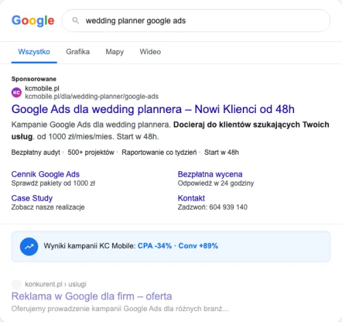 Przykładowa kreacja reklamowa - Google Ads dla wedding plannera