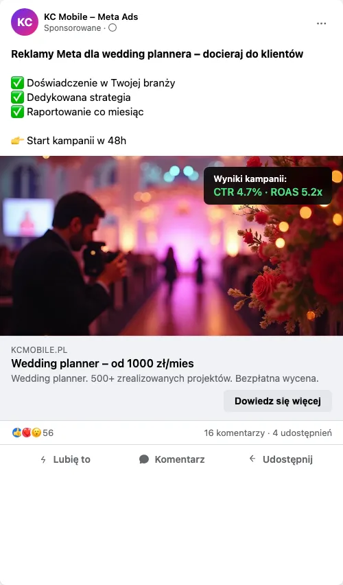 Przykładowa kreacja reklamowa - Reklama Facebook i Instagram dla wedding plannera