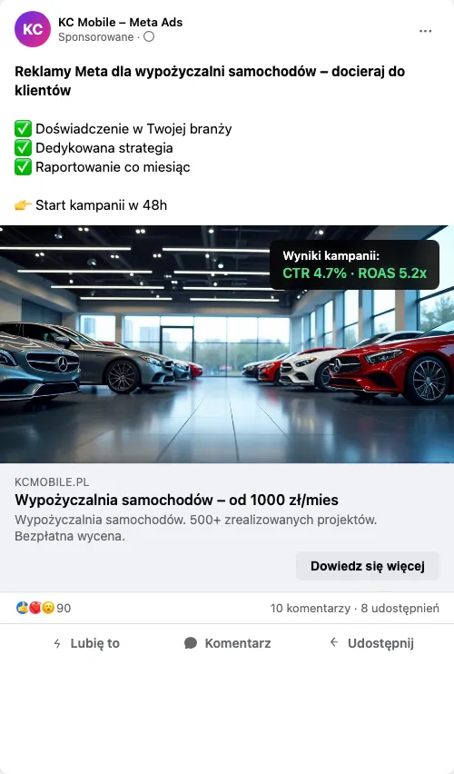 Przykładowa kreacja reklamowa – Reklama Facebook i Instagram dla wypożyczalni samochodów