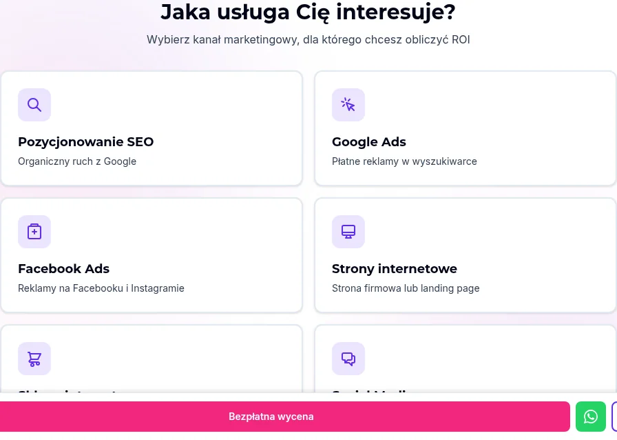 Podgląd obecnego kalkulatora ROI, wybór usługi