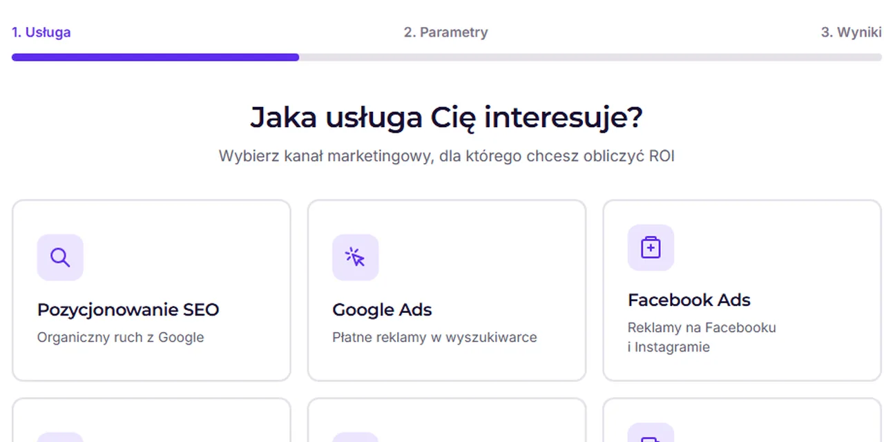 Pierwszy krok kalkulatora ROI: wybór usługi, np. pozycjonowanie, Google Ads, Facebook Ads