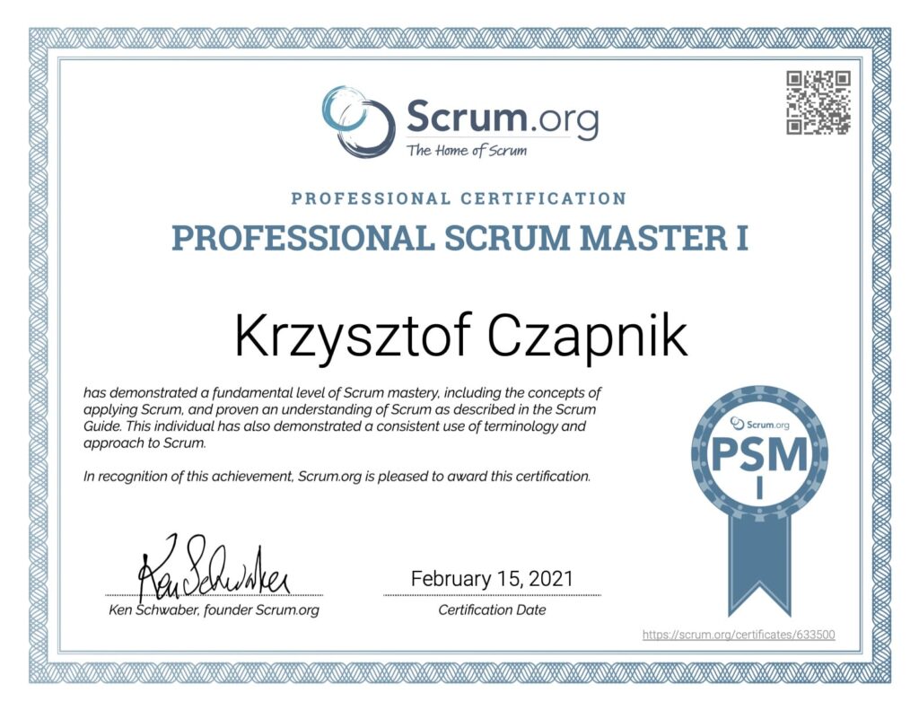 Certyfikat Professional Scrum Master I- Krzysztof Czapnik